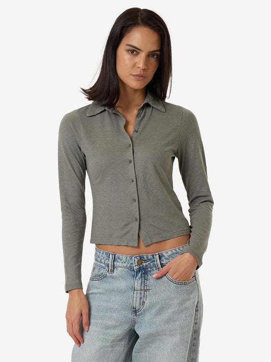 Women's Hemp Collared Long Sleeve - Green Smoke