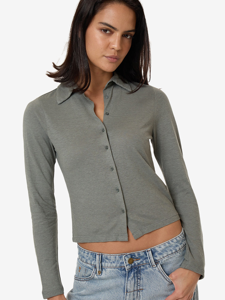 Women's Hemp Collared Long Sleeve - Green Smoke