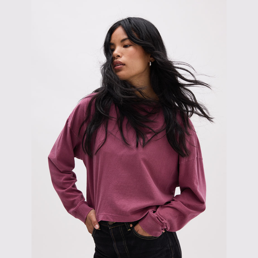 Women's Relaxed Crop Long Sleeve Tee - Burgundy